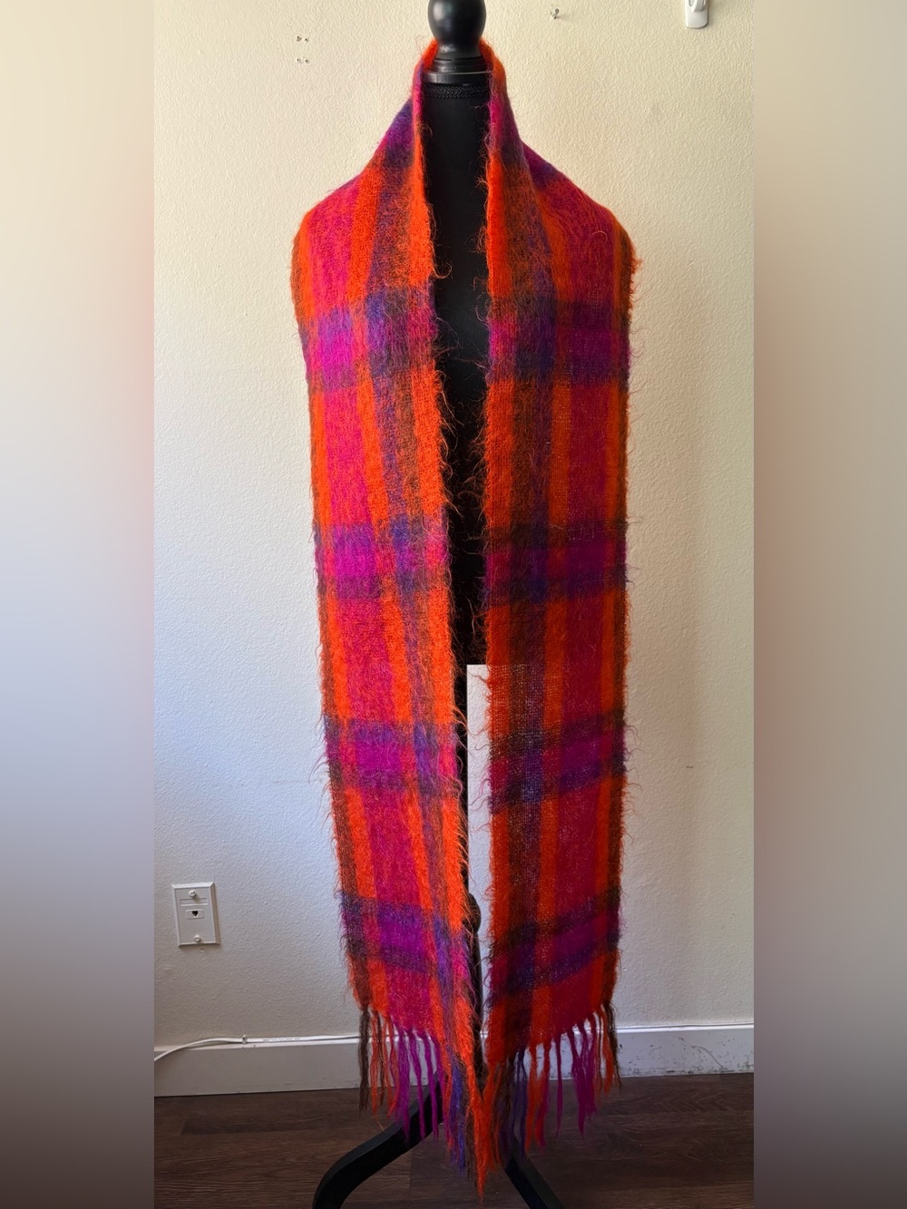 Vintage Peck & Peck Huge Mohair Wool Scarf Fuchsia Orange Purple Plaid England